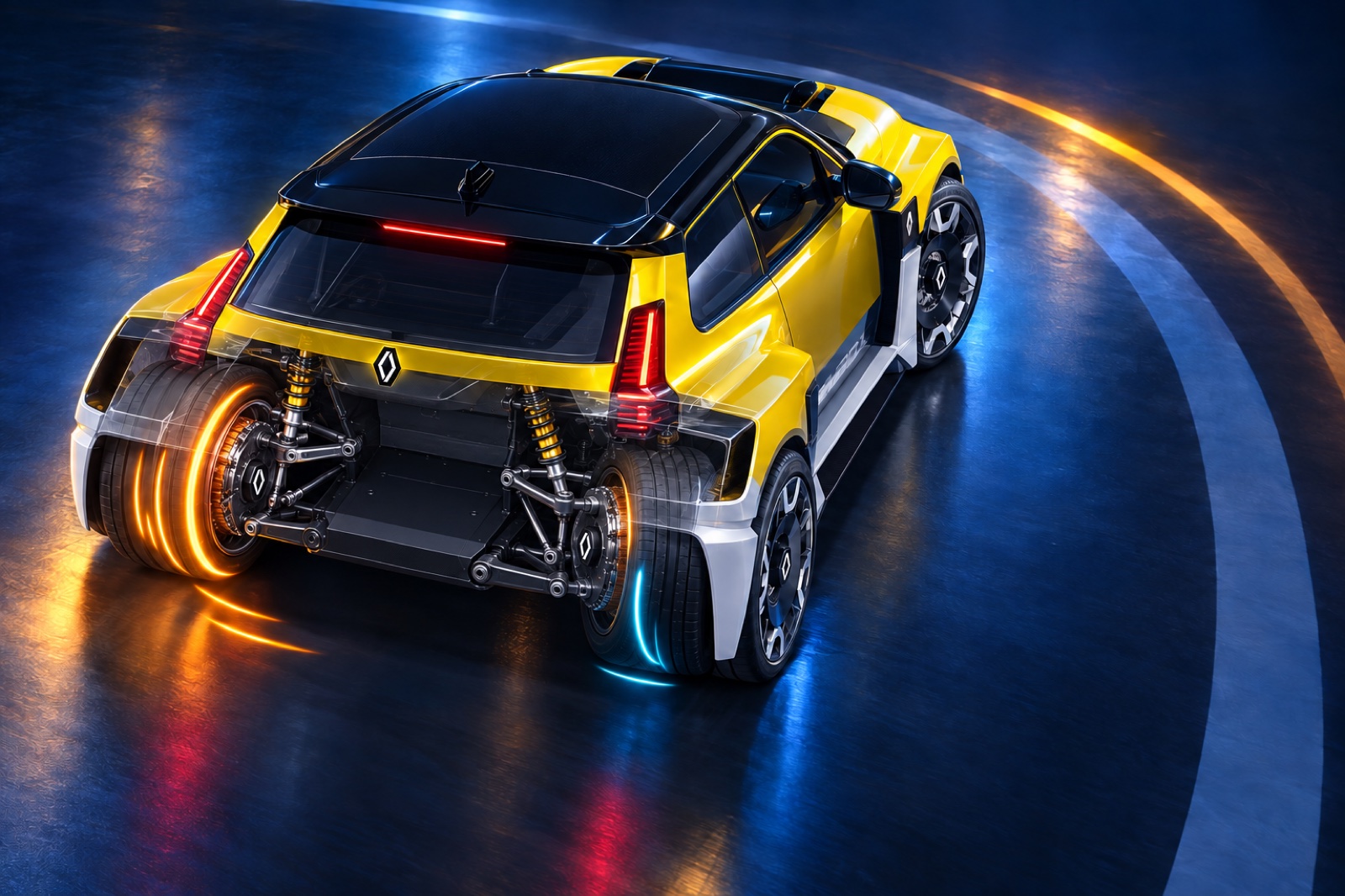 Independent rear motors allow the inside tire to spin faster during a left-hand drift.