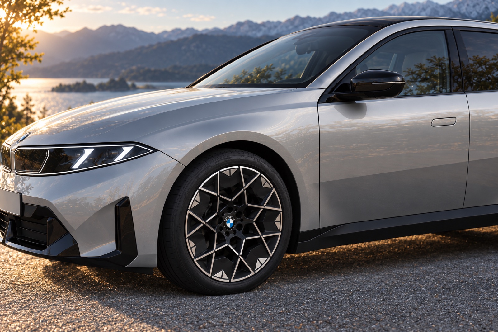 Close view of the rendered BMW i3 Touring front wheel and silver fender.