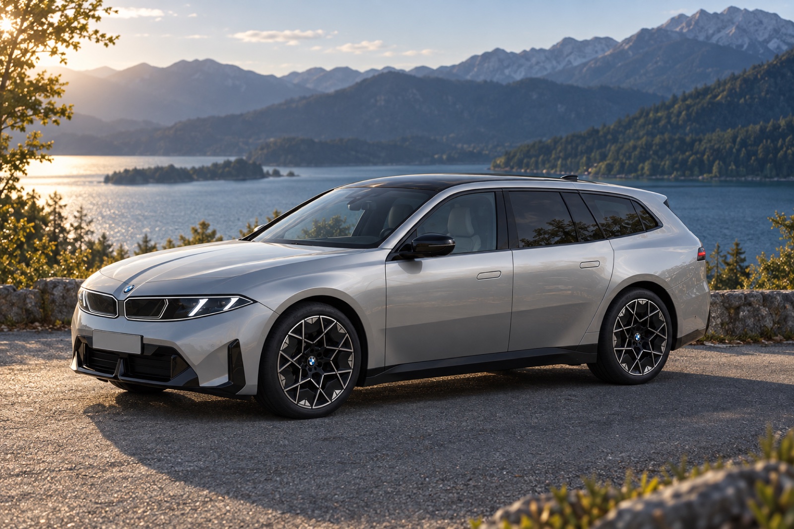 Silver BMW i3 Touring render viewed from the front beside an alpine lake.