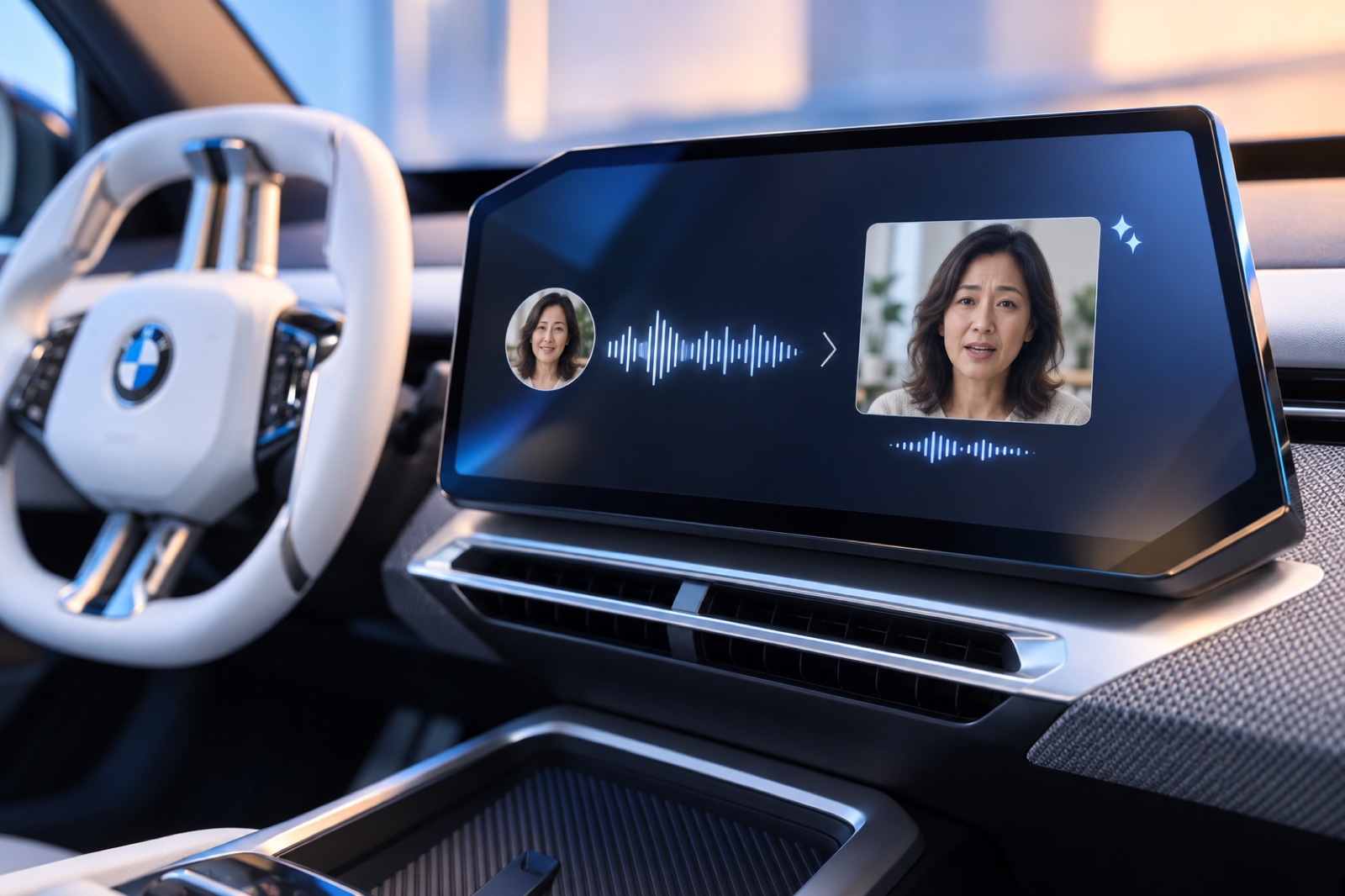 A profile picture and voice message become an expressive video summary on the center screen.