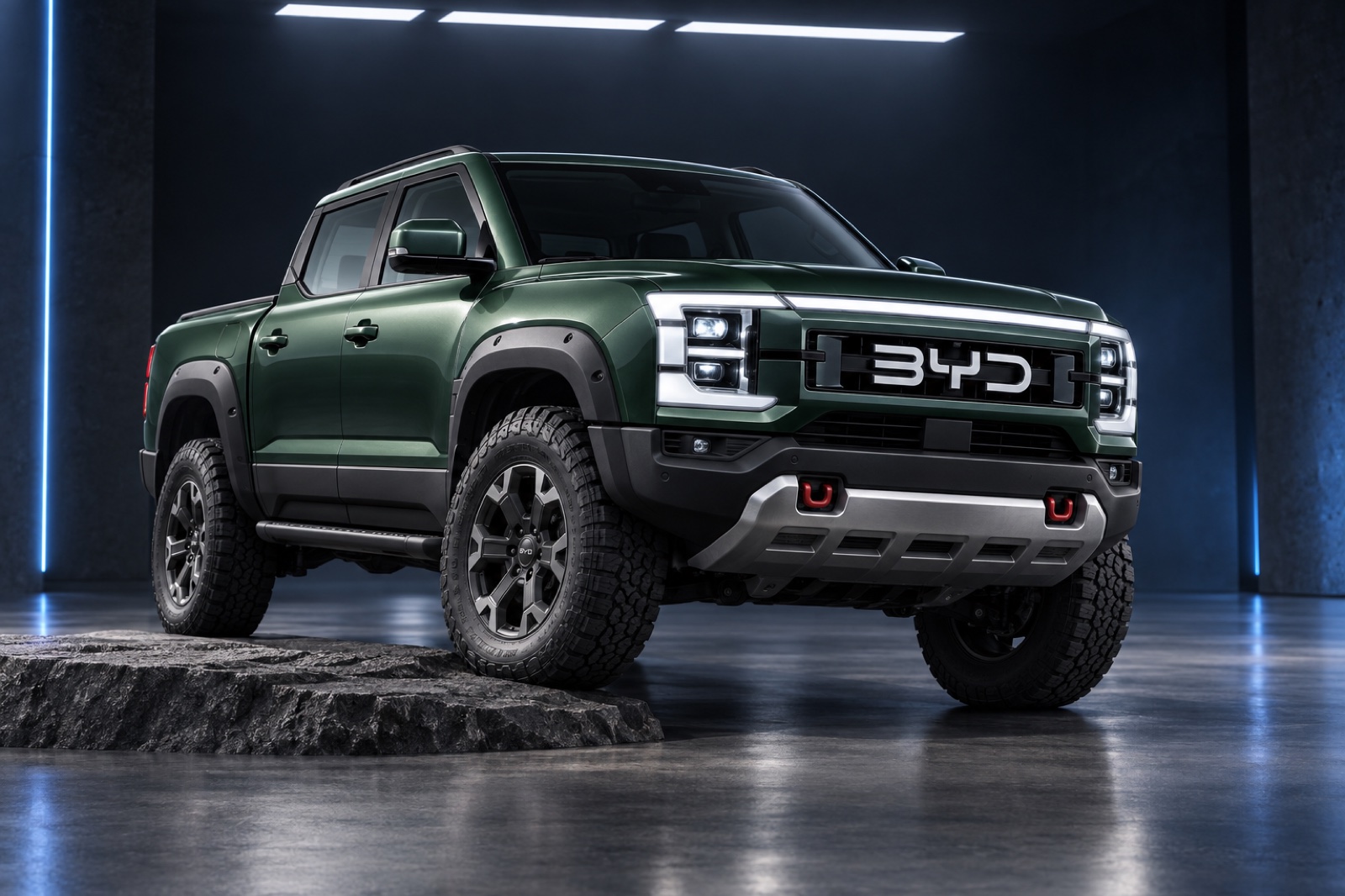 A raised front wheel reveals the green Shark’s tire clearance and broad lower protection.