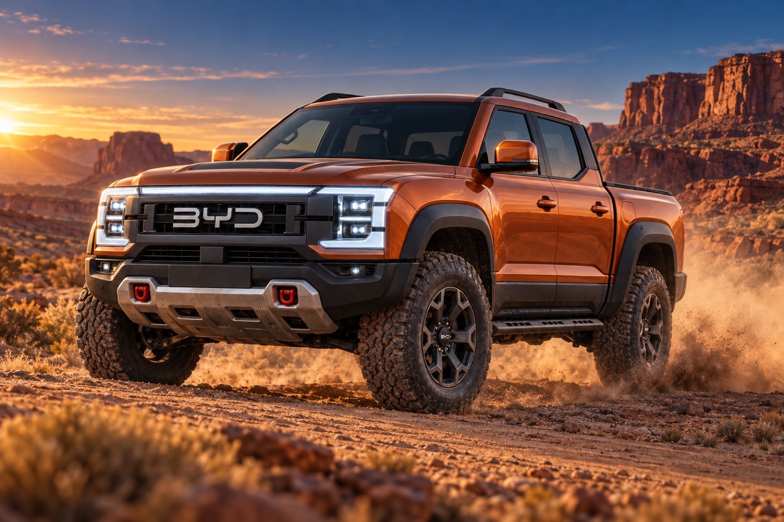 BYD: Wider fenders and chunky tires give the orange Shark a tougher desert stance.
