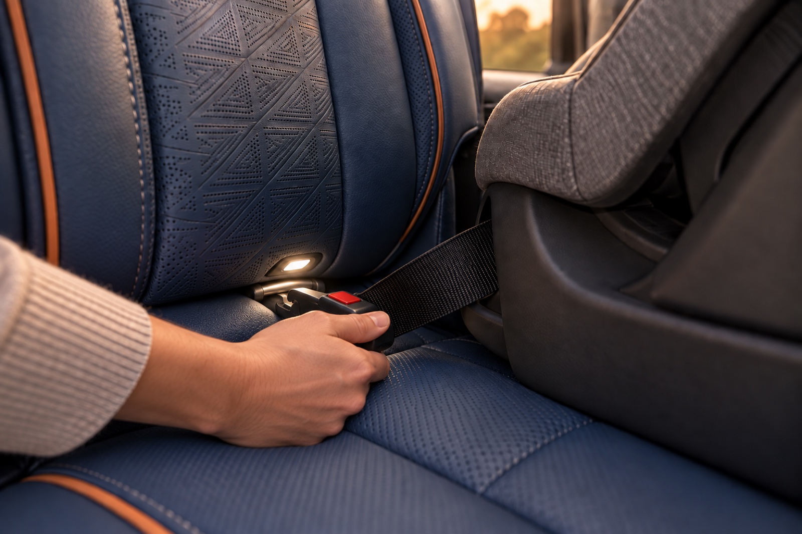 A focused installation light reveals the recessed lower anchor where the seatback meets the cushion.