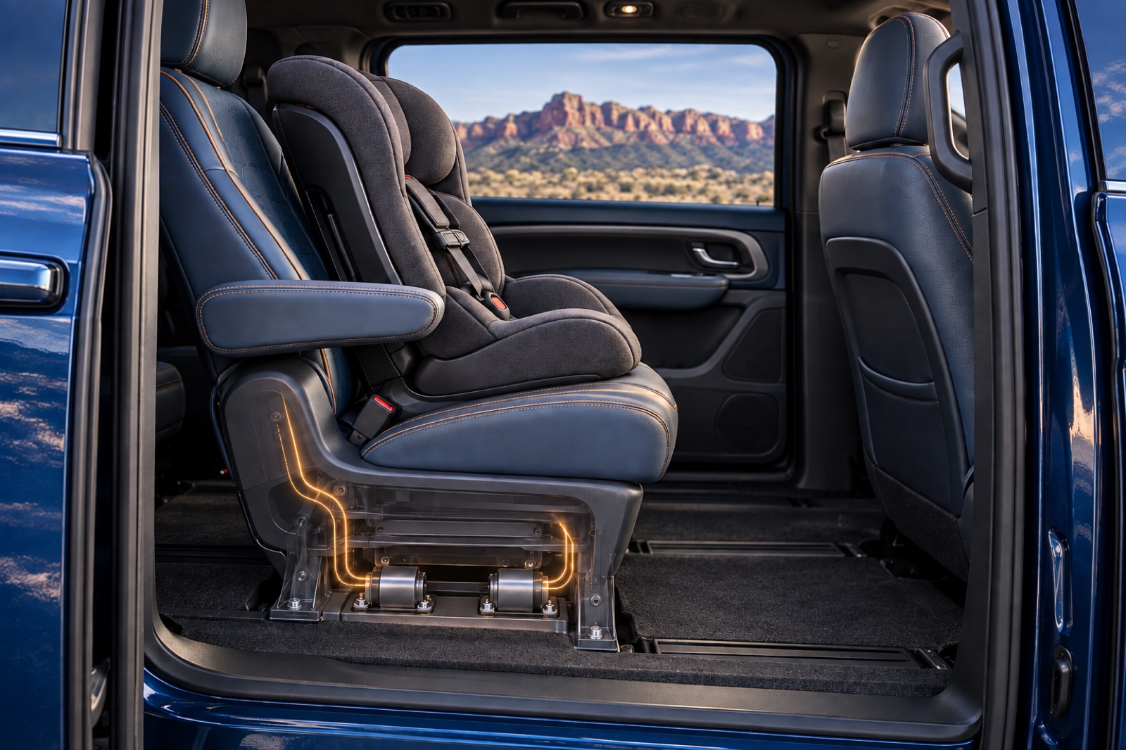 Motors beneath the Pacifica’s second-row seat transmit gentle rocking to the child restraint above.