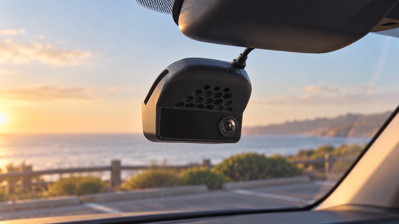 Illustrative comma four device mounted inside a windshield with its screen unlit.