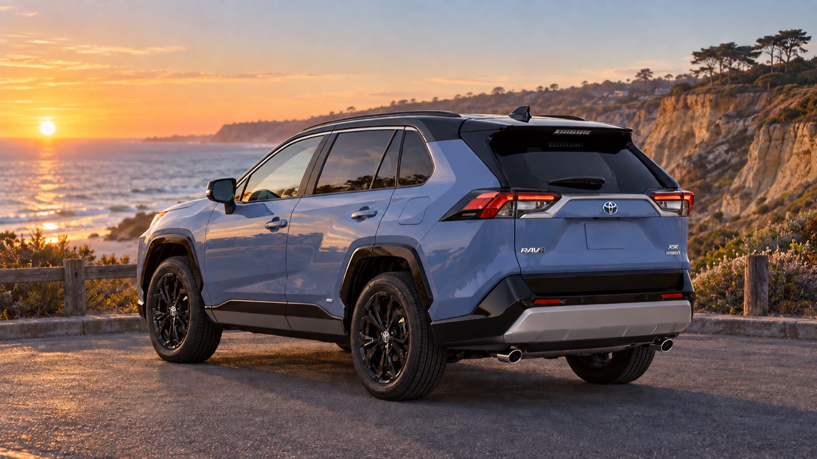 Rear three-quarter view of the blue Toyota RAV4 at a coastal turnout.