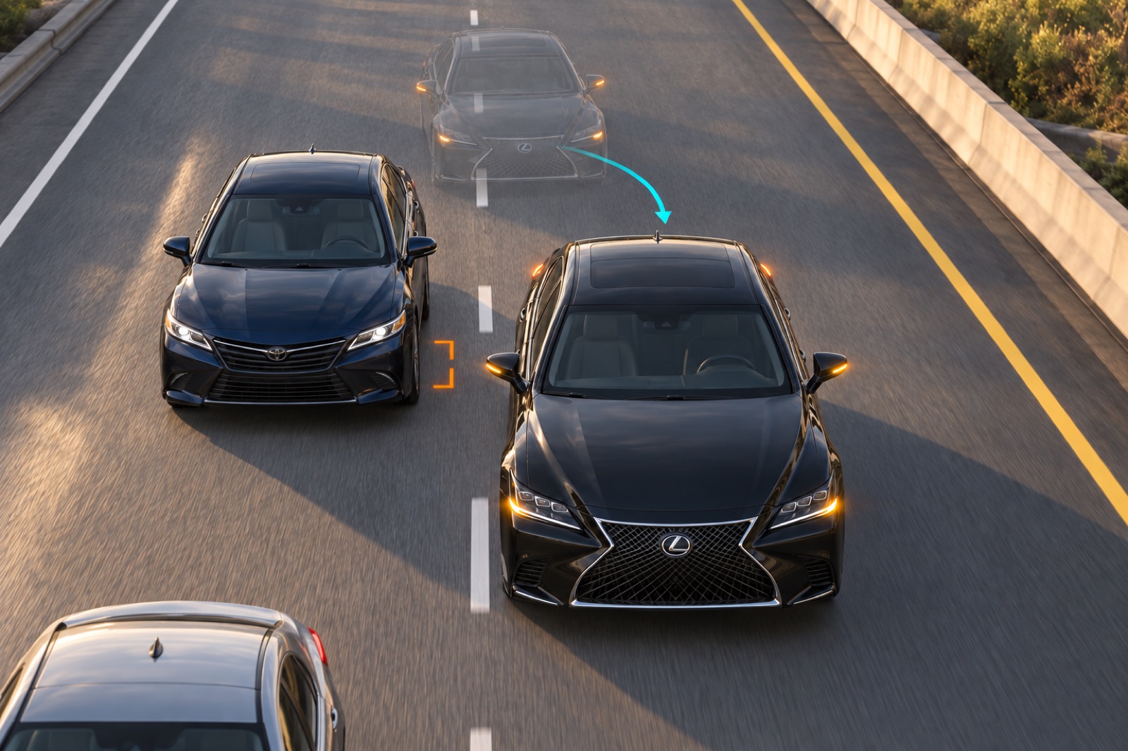 Closing rear-side spacing sends the car back into its original lane.