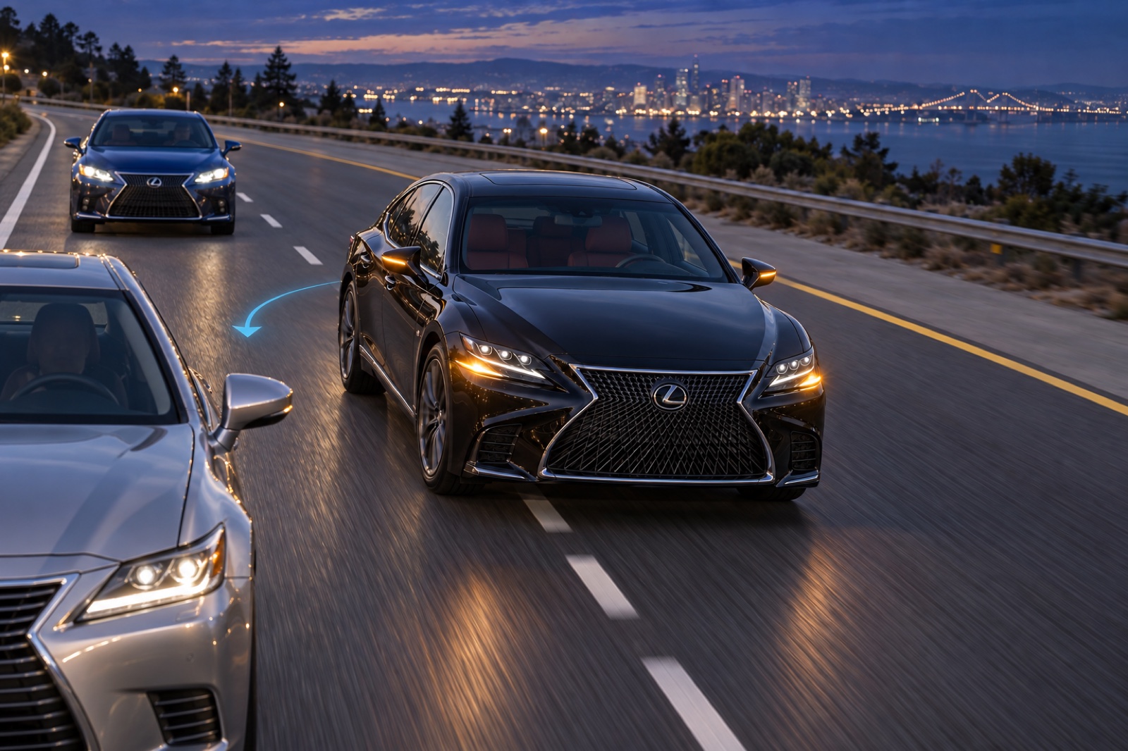 Denso: Flashing hazards accompany a gradual move across the lane divider into slow traffic.