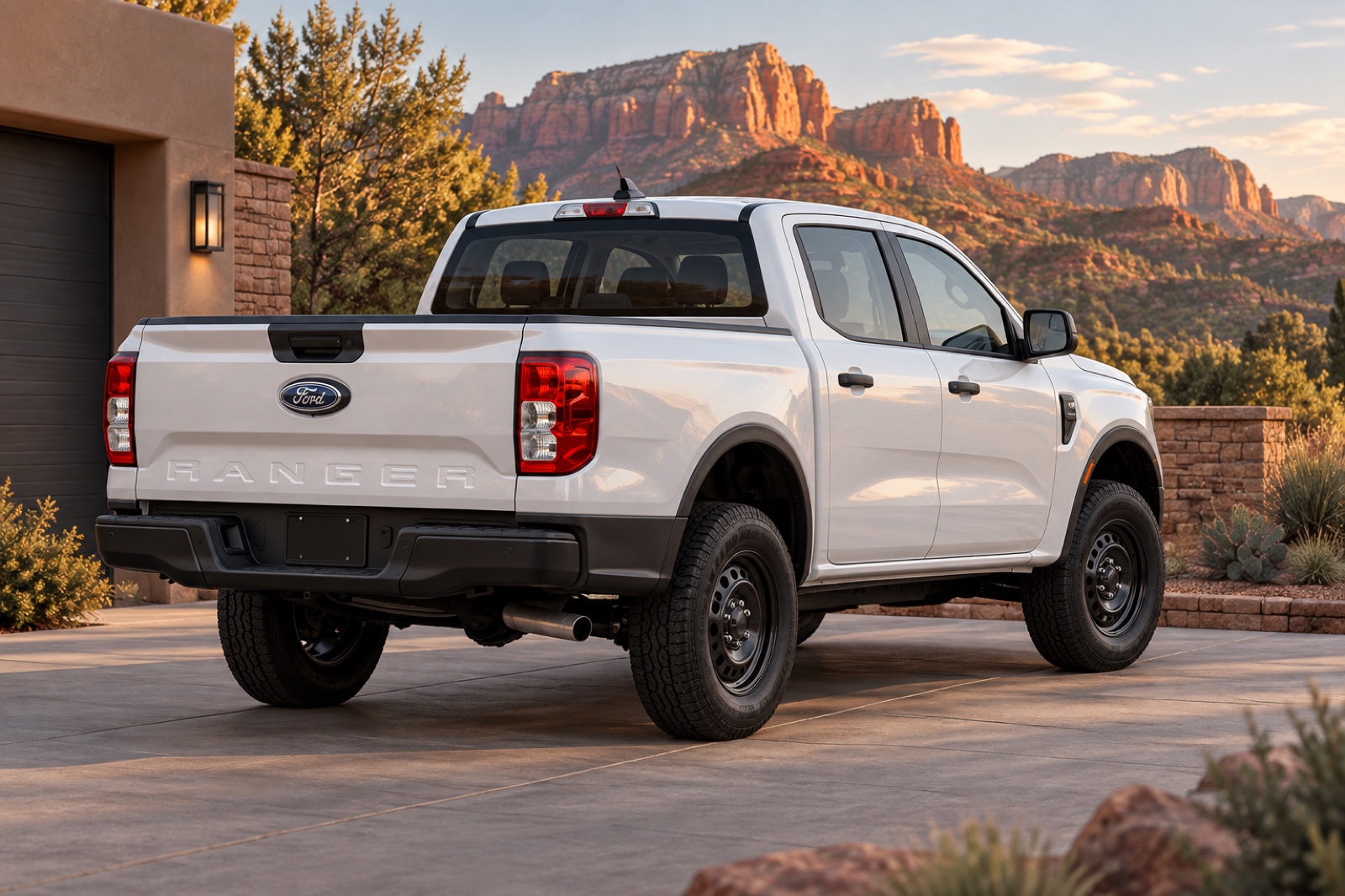 Original rear three-quarter render of a white Ranger in a driveway