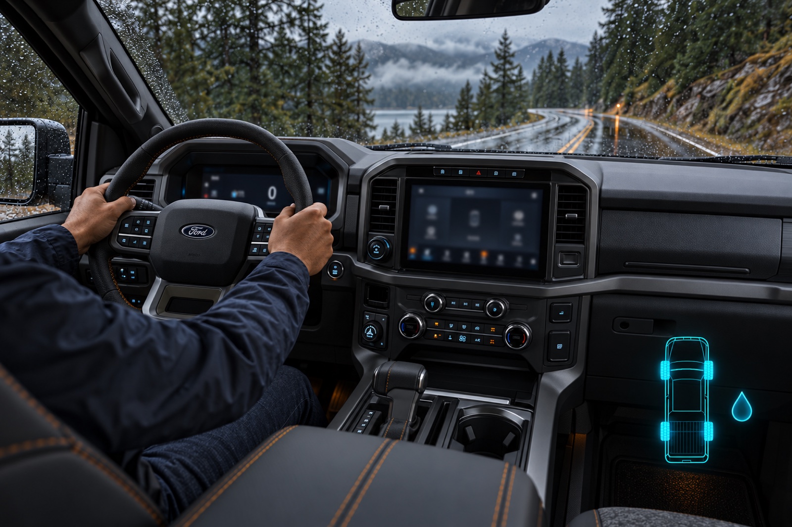 Wet-road conditions can call for both axles while the driver uses familiar controls.
