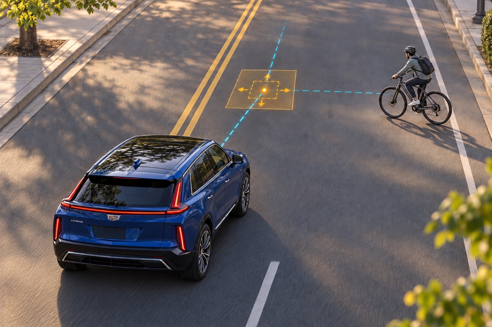 The conflict box expands around the predicted meeting point of the car and cyclist.