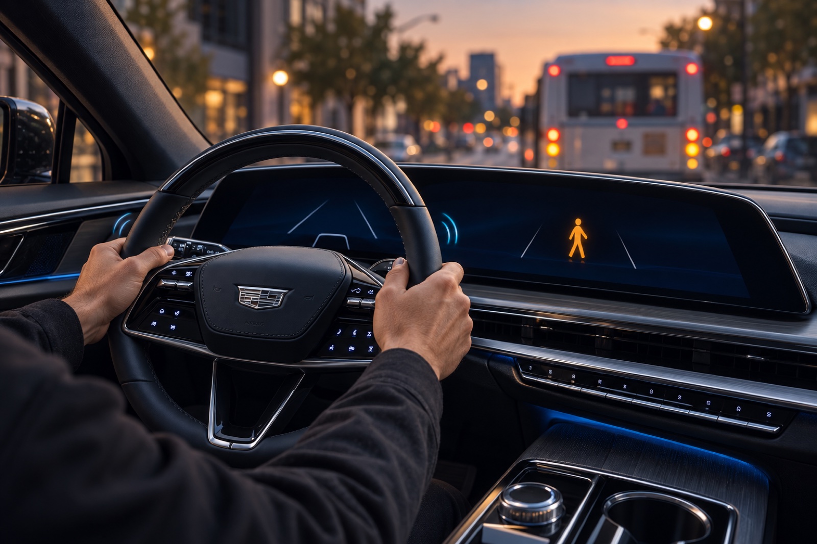 A pedestrian warning reaches the display and steering wheel when the forward view is obstructed.