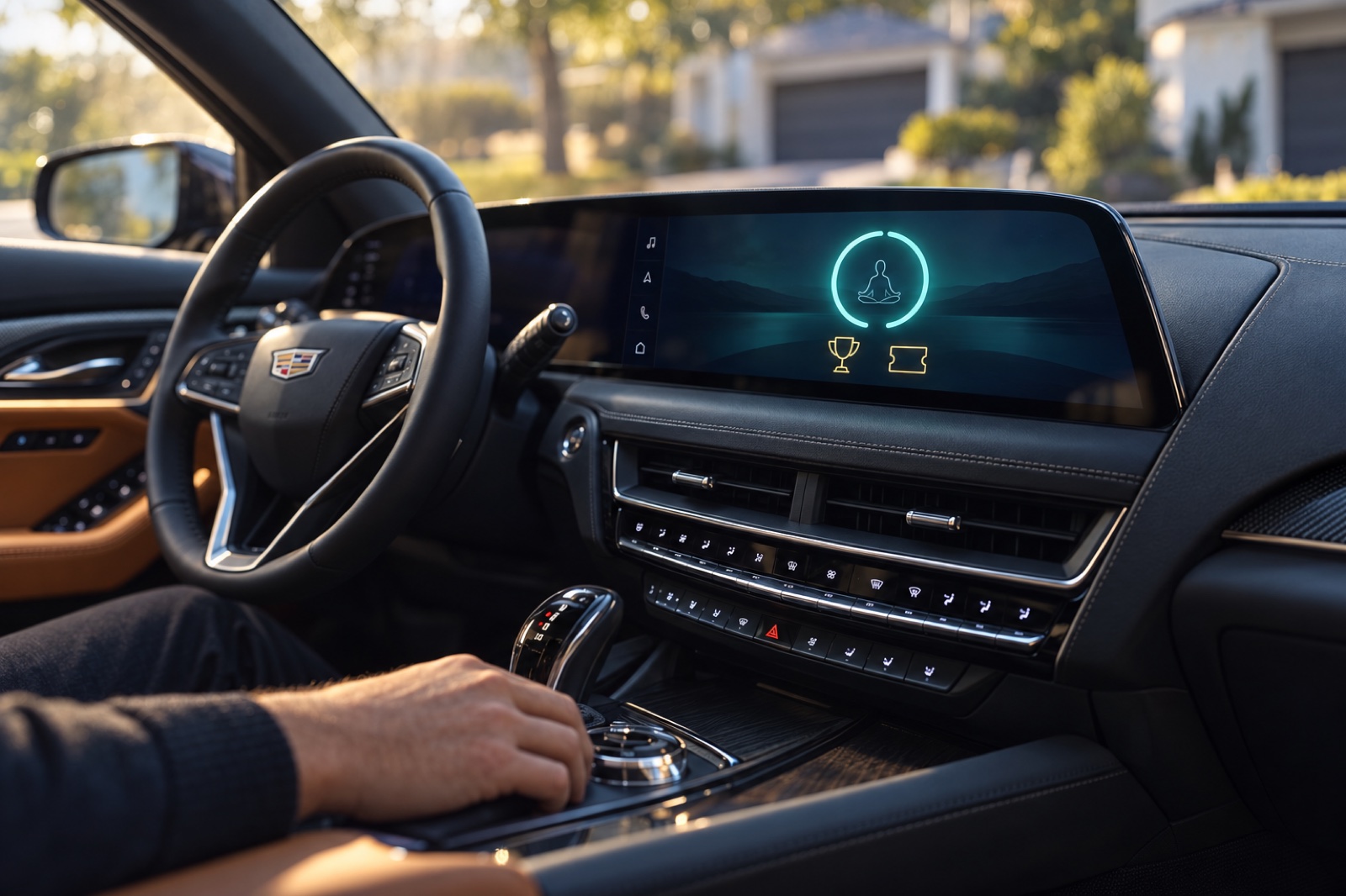 A completed exercise leads to achievement and reward icons on the Cadillac’s display.