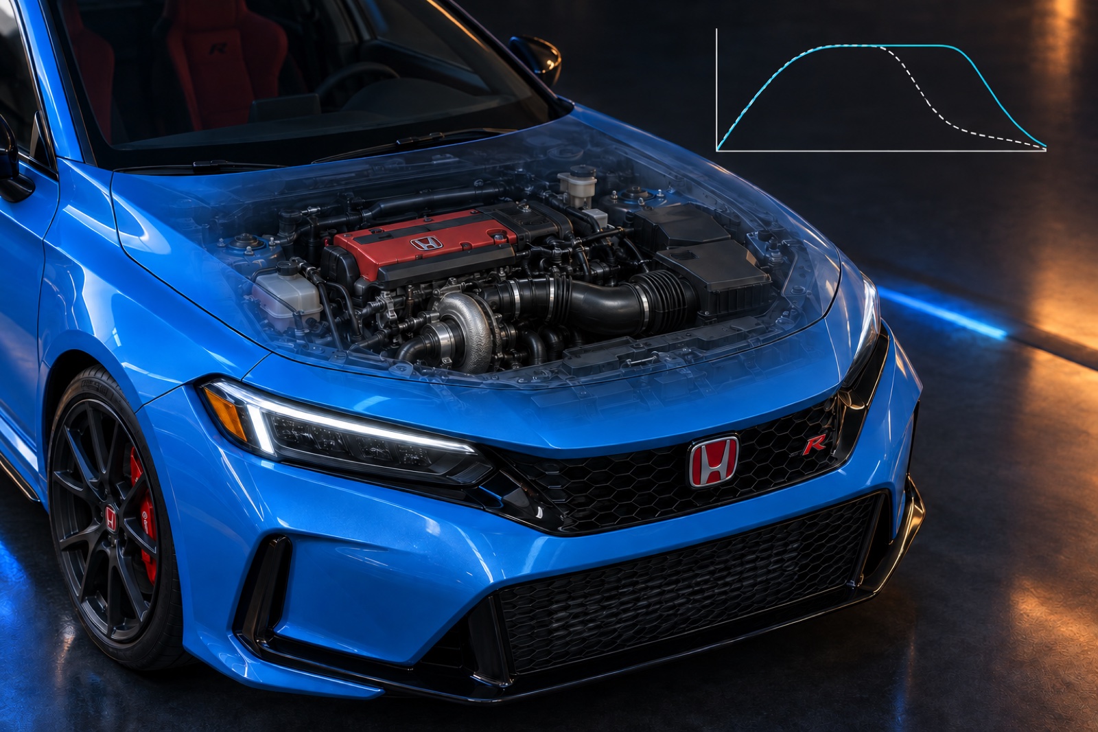 The turbocharged engine holds boost farther into the rev range under the higher-output setting.