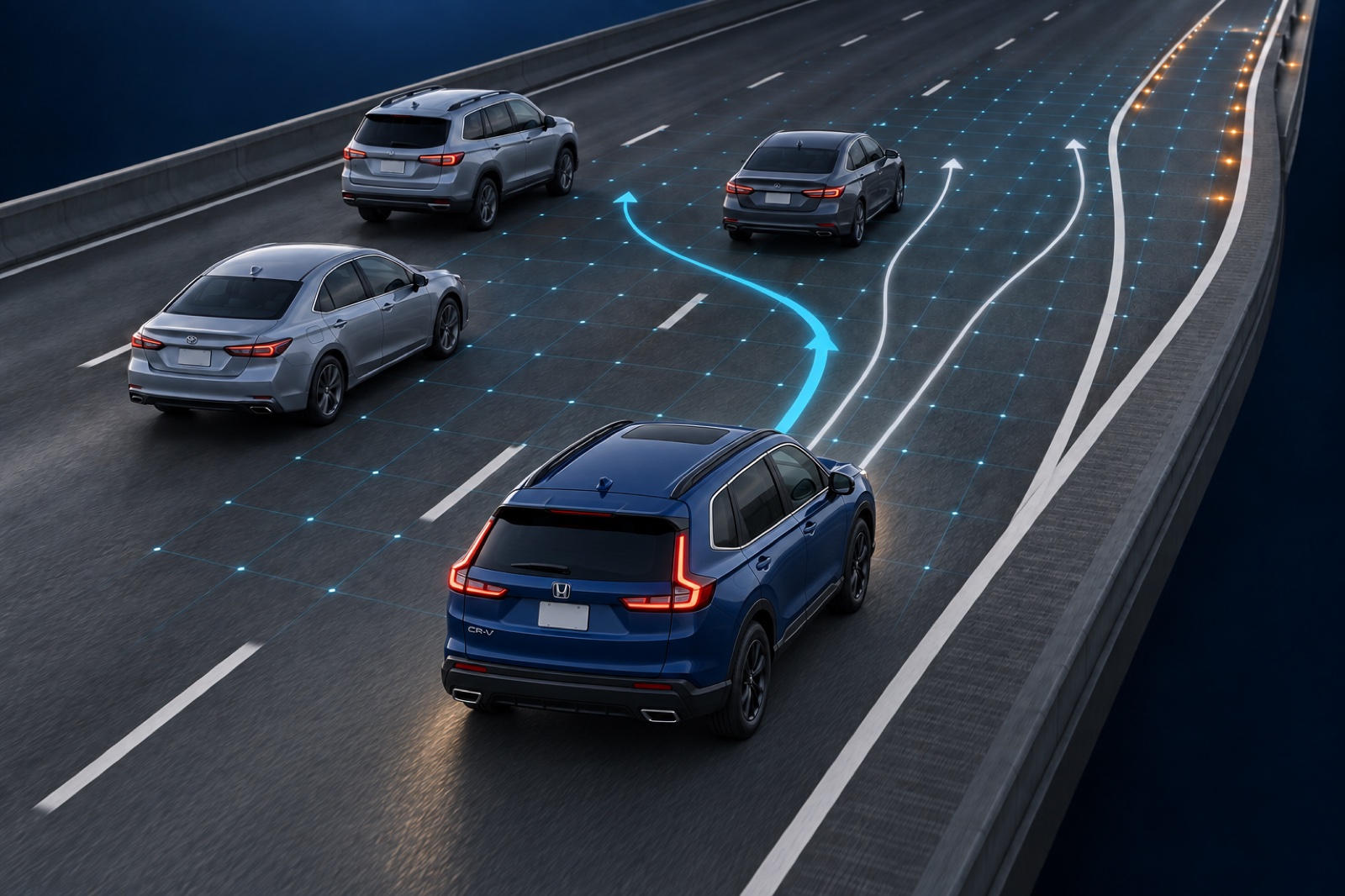 A grid of possible positions helps the Honda CR-V evaluate routes into traffic.