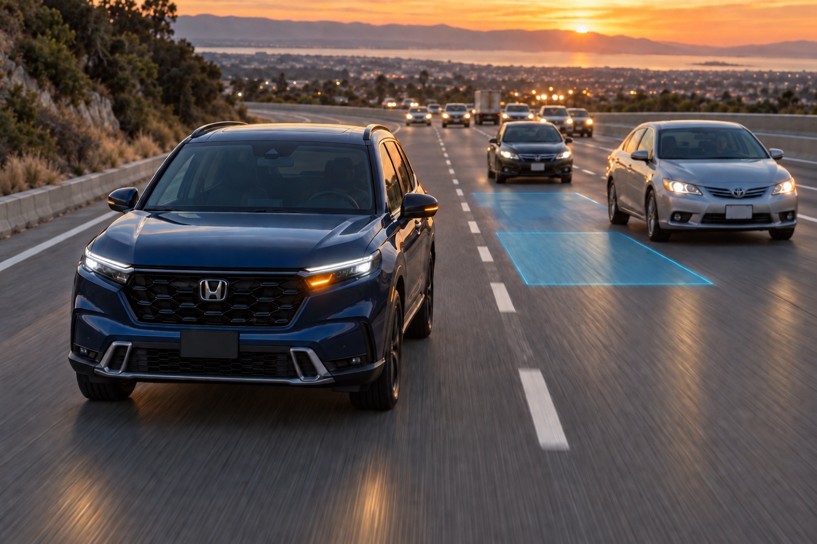 A Honda CR-V aligns with an opening while remaining inside the merge lane.