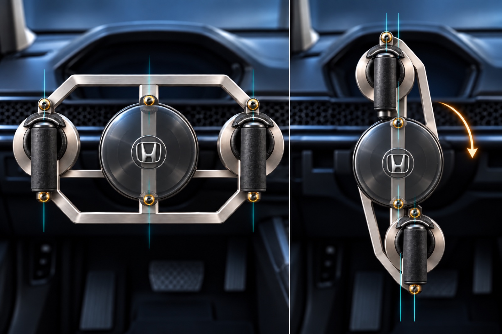 The articulated frame narrows during a turn while both handgrips keep their upright orientation.