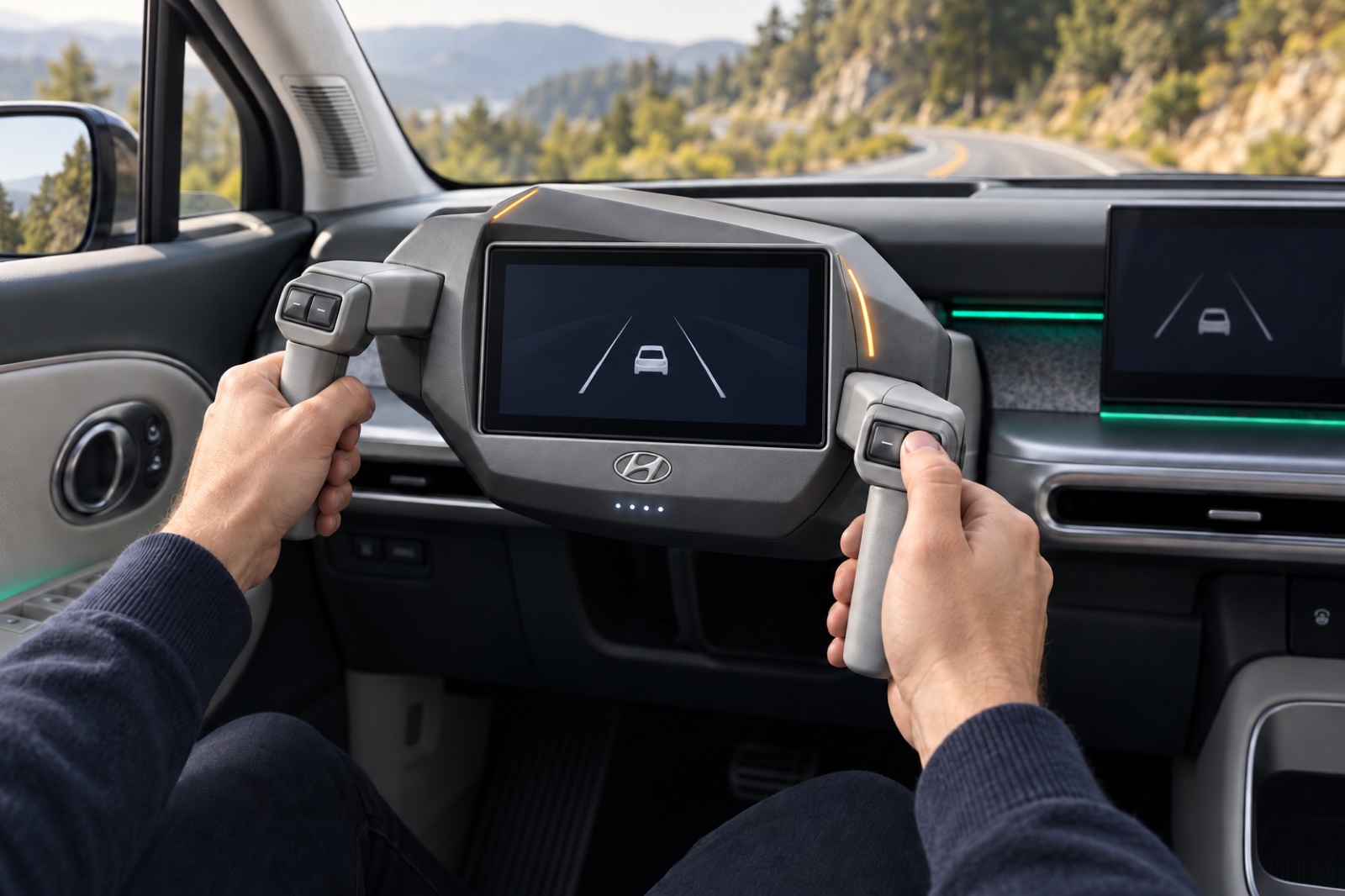 The grips turn together around the upright display while thumb buttons remain beneath the driver’s hands.