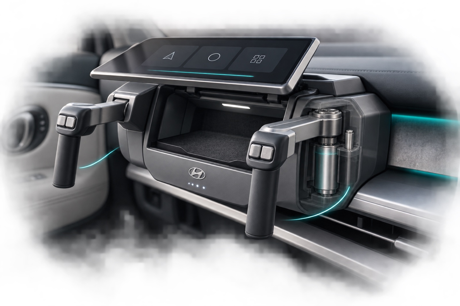 The raised display exposes the folding arms, with a motor and locking pin beside the cavity.