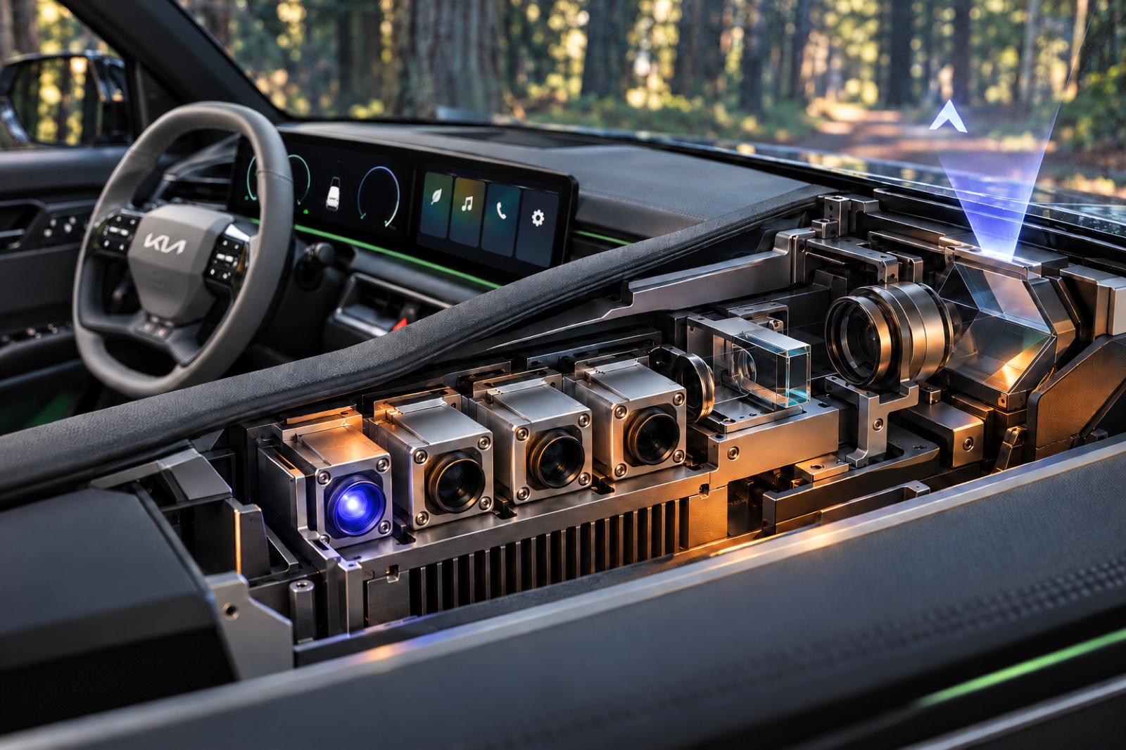 One active emitter sits beside alternative light sources inside the windshield projector.