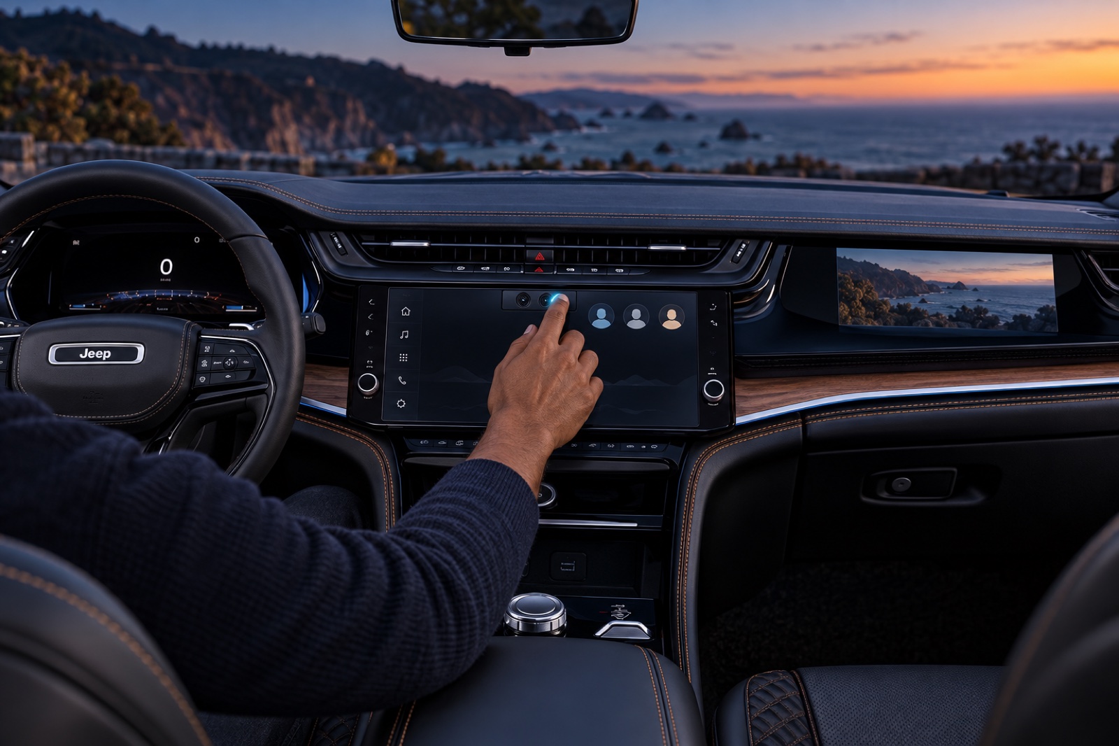 Stellantis: A driver swipes across camera lenses to summon profile choices in a Grand Cherokee.