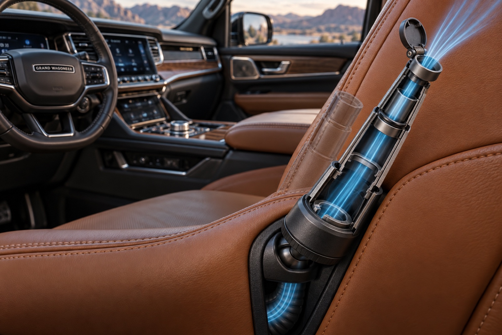Nested nozzle sections extend under air pressure before the hinged outlet flap opens.
