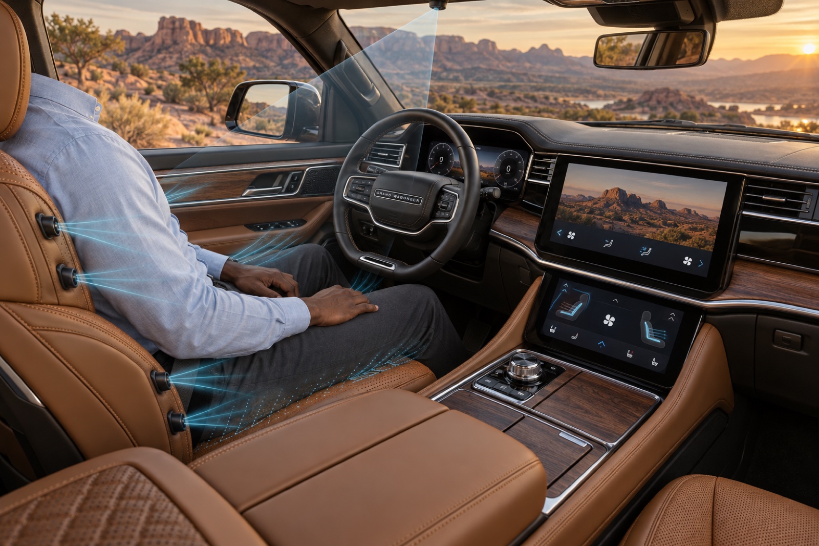Seat-side outlets direct air around the driver while a camera informs deployment height.