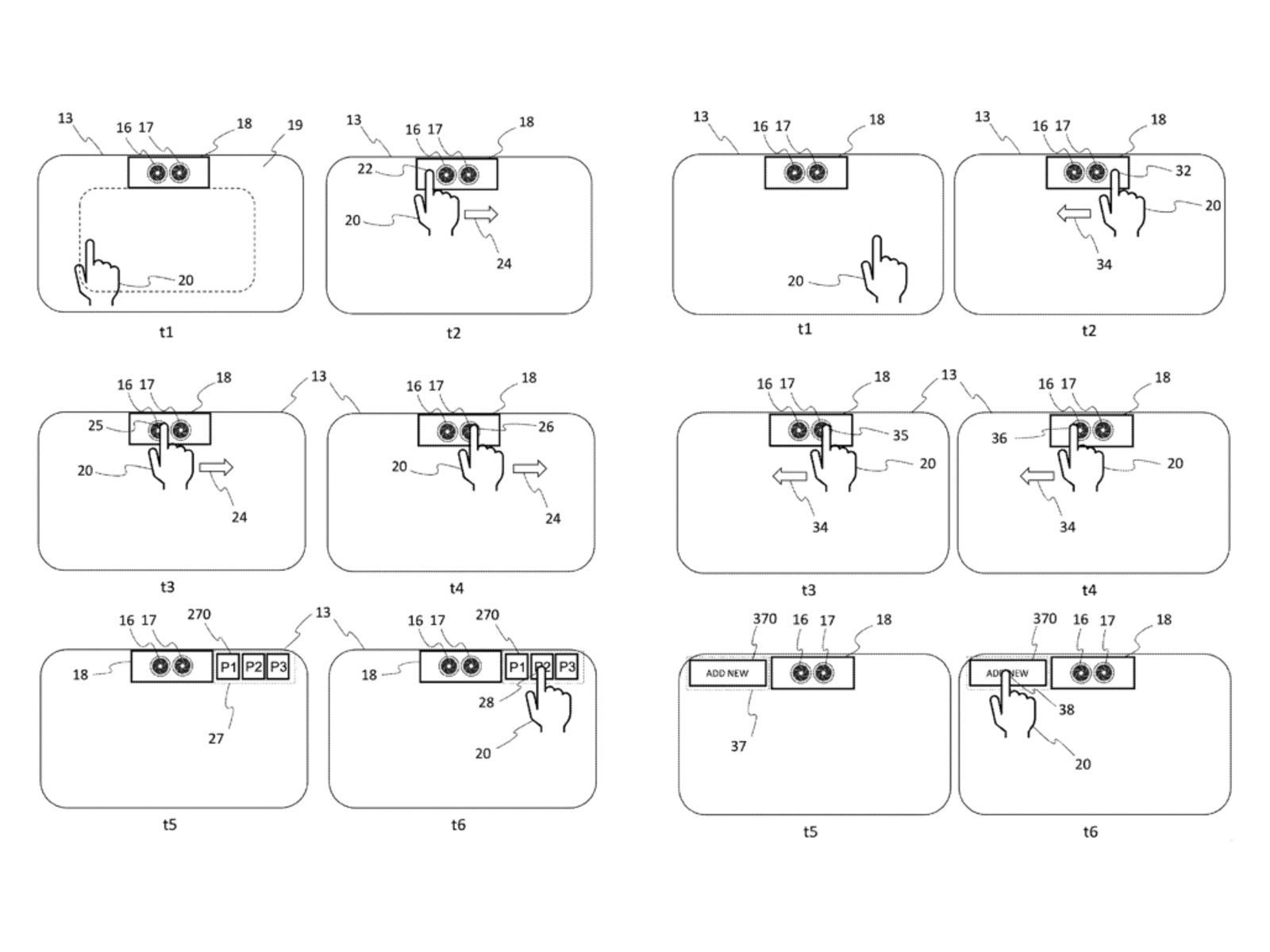 Stellantis and FCA US sketches show opposite camera swipes opening existing profiles or the add-profile control.