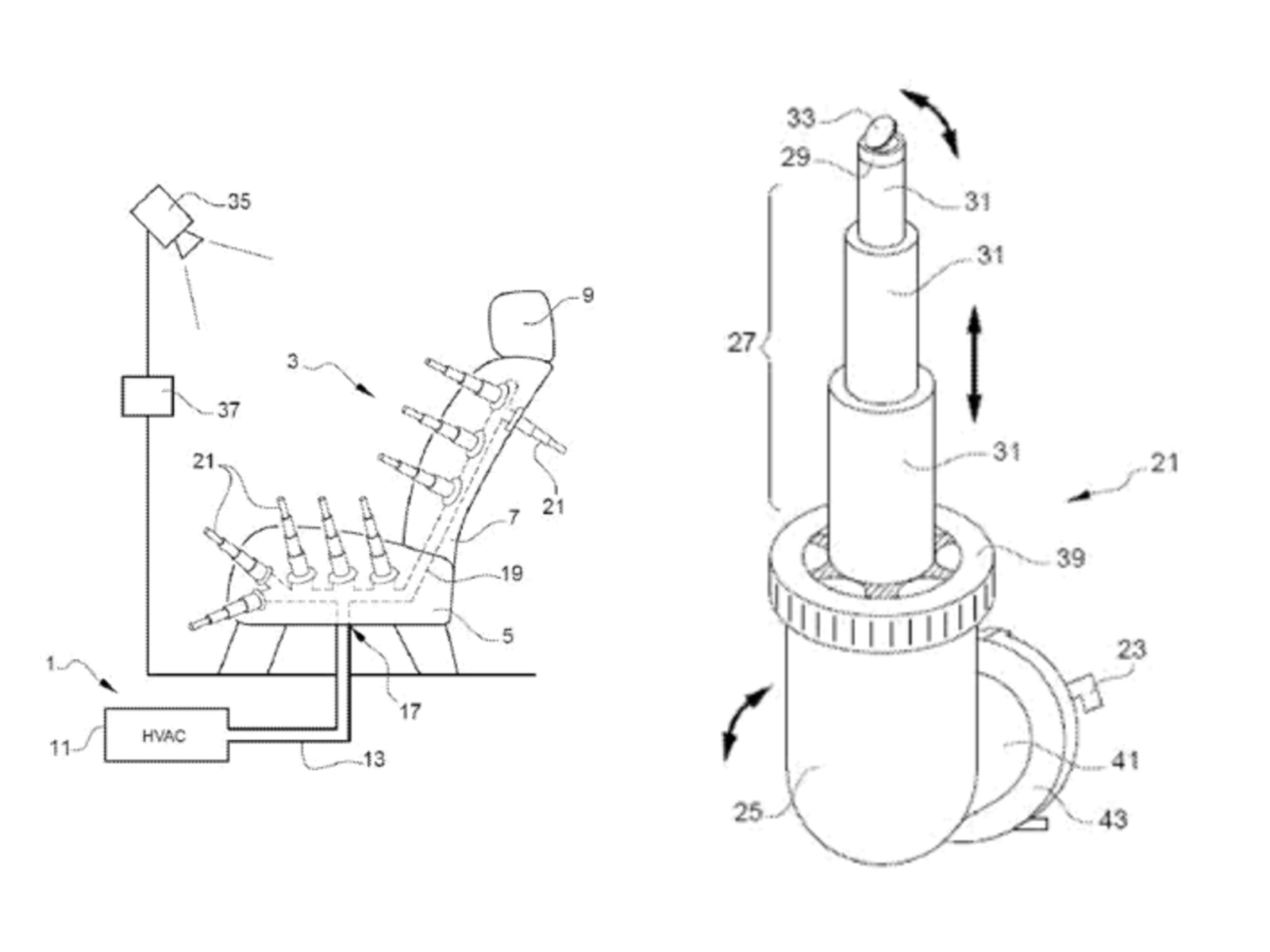 Stellantis’s own sketches show the deployed seat vents and the nested nozzle with its pivoting base.