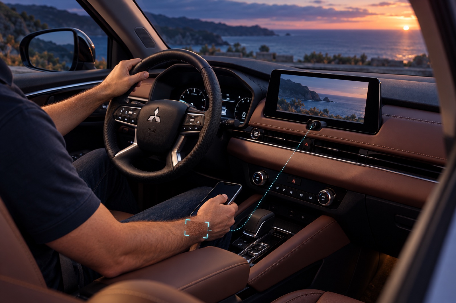 Mitsubishi Electric Mobility: A dashboard camera watches the driver’s exposed forearm while a phone sits near the lap.