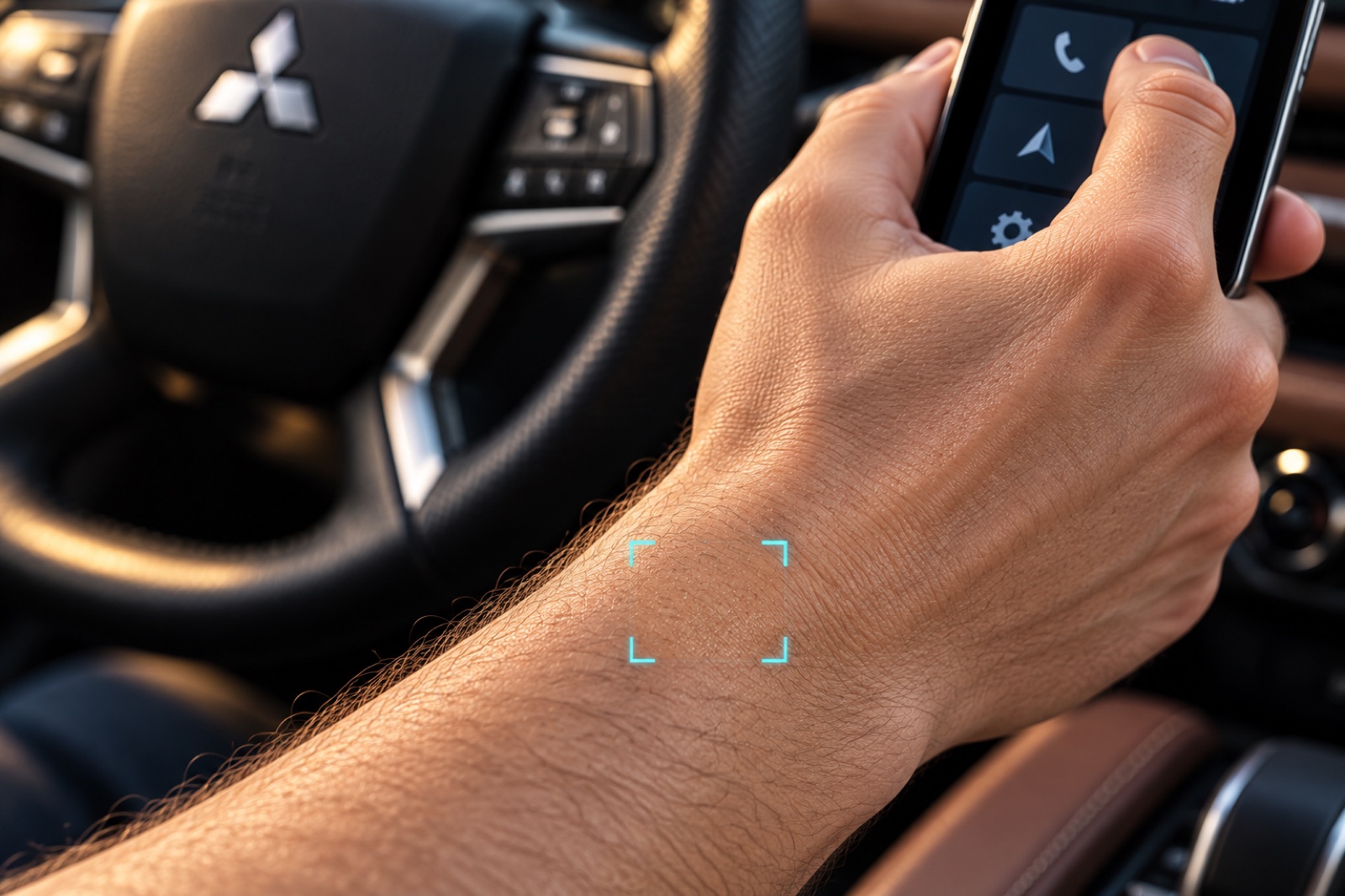 A small region near the wrist supplies the brightness measurement as a thumb operates the phone.