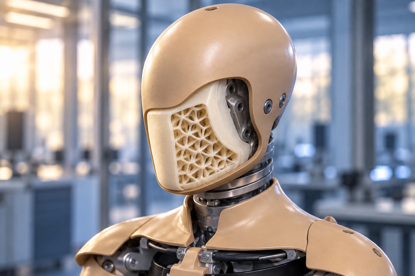 Conceptual cutaway showing a patterned face insert beneath the dummy’s outer skin.