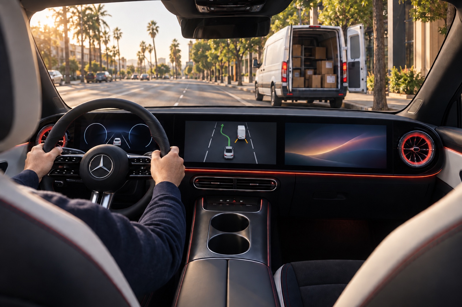 The dashboard pairs the van’s open cargo doors with a possible passing route.