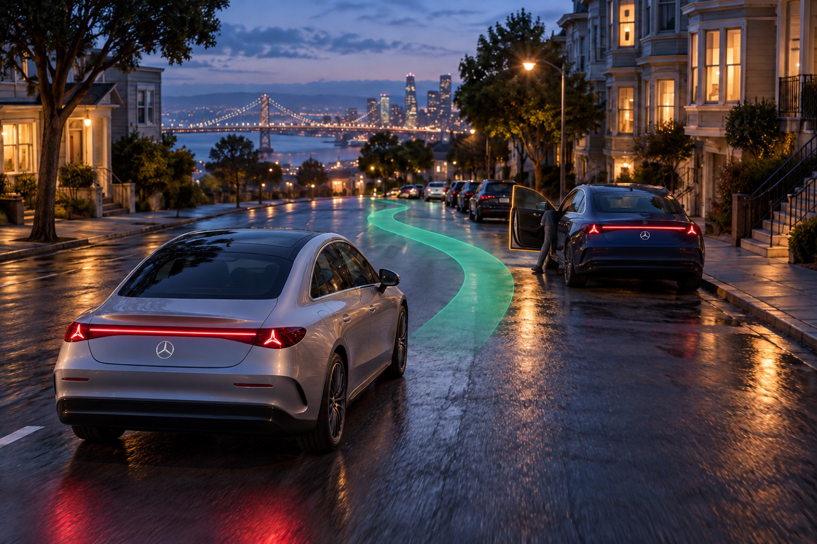 NVIDIA: A Mercedes leaves space for the person partly hidden behind an open door.
