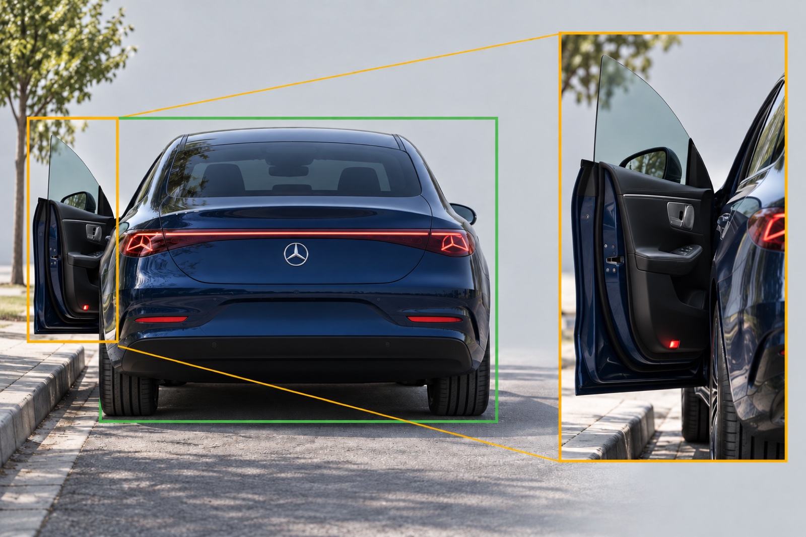 A narrow image strip picks out the open door beside the vehicle’s body.