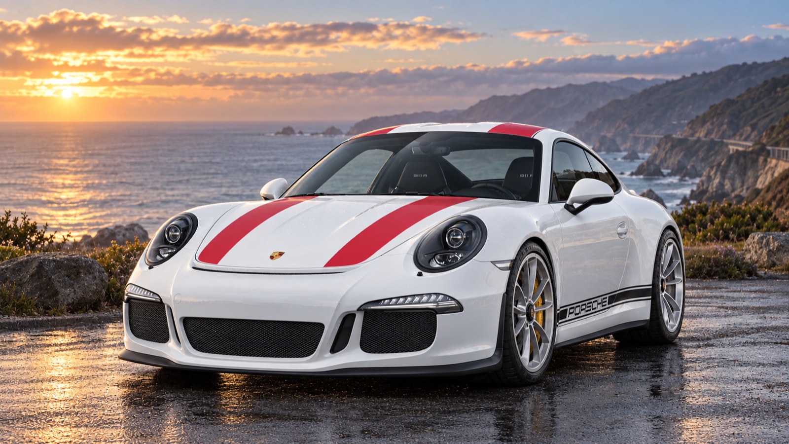 A European-market 2016 Porsche 911 R in an imagined coastal setting.