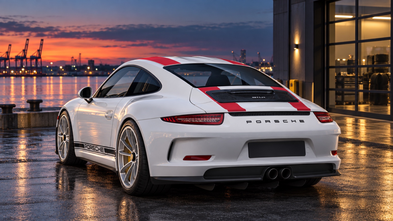 The original 911 R’s understated tail in an imagined waterfront preparation setting.