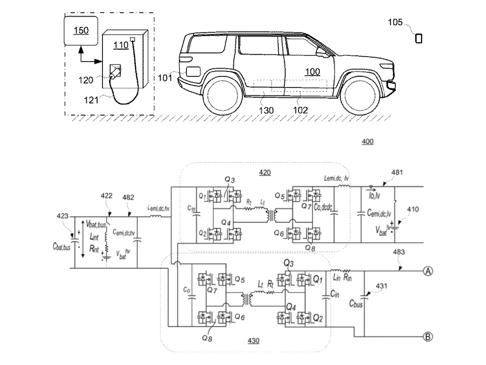 Rivian’s own sketches pair an SUV charging layout with the converters and capacitor banks used for precharging.