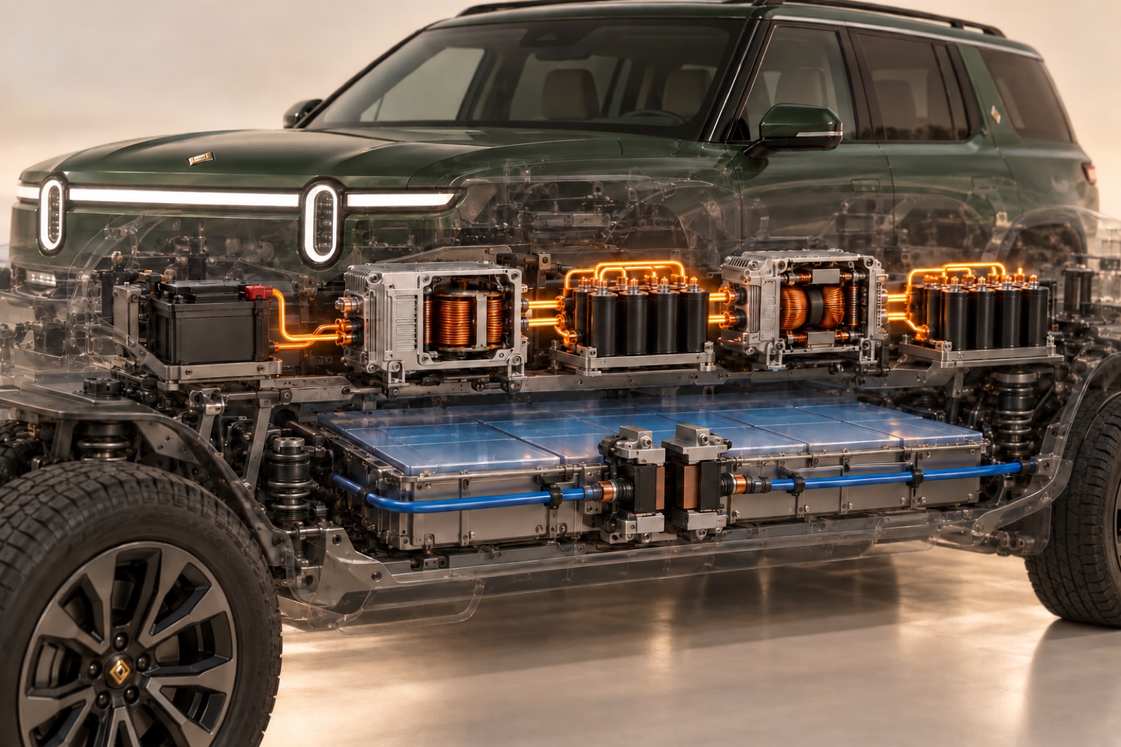 Two converter stages prepare separate capacitor banks while the traction battery’s switch stays open.