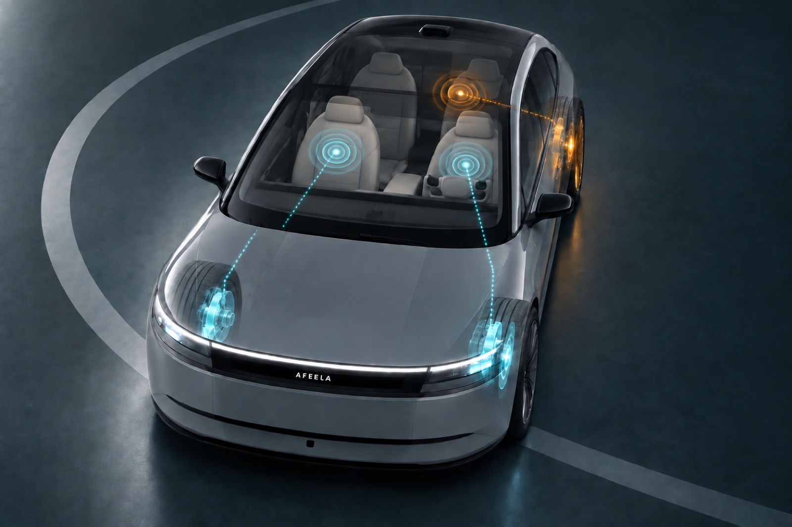 Front torque reduction and left-rear braking receive corresponding virtual sound positions inside the cabin.