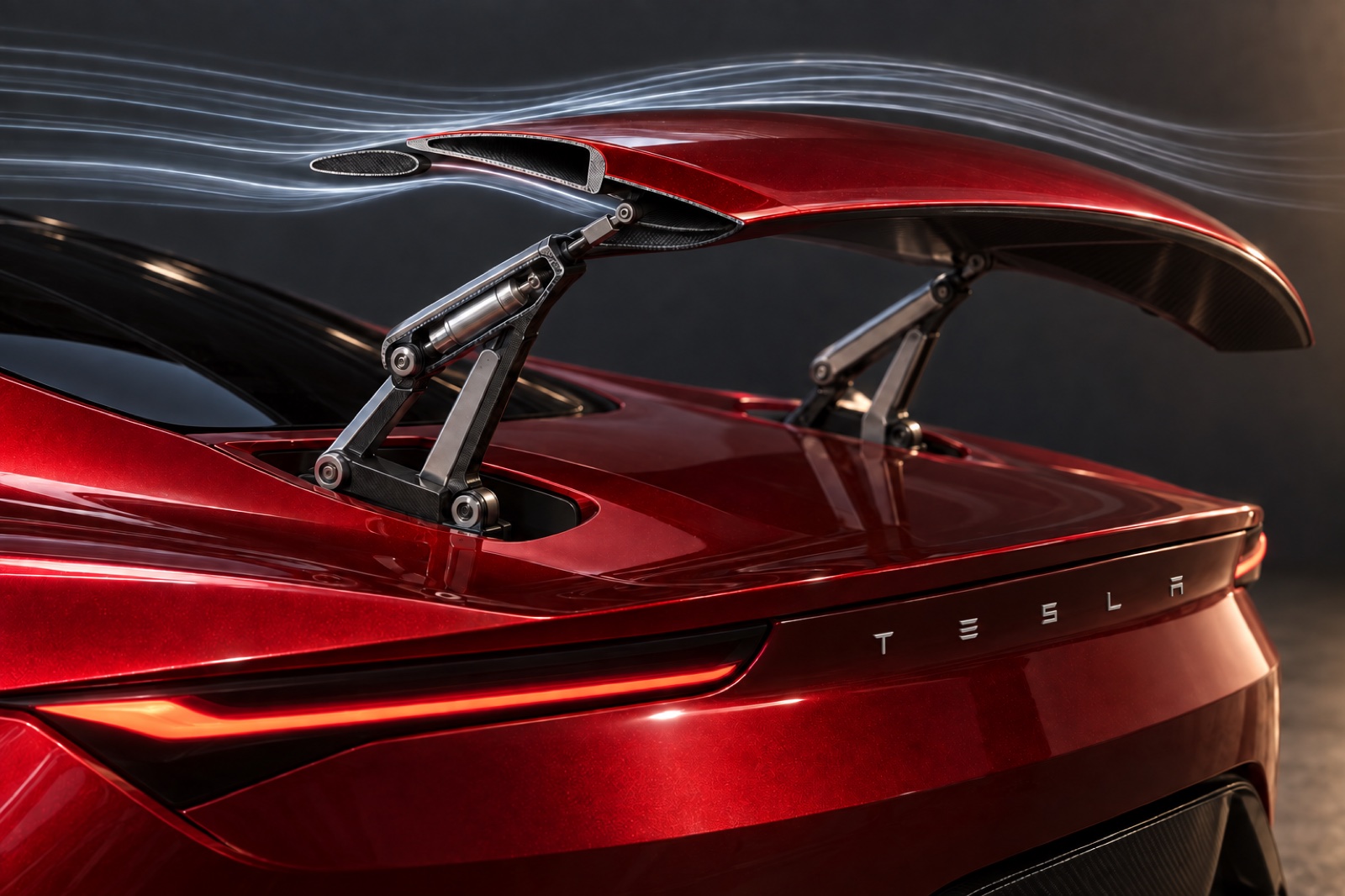 A leading slat guides airflow while an actuator inside the support adjusts wing angle.
