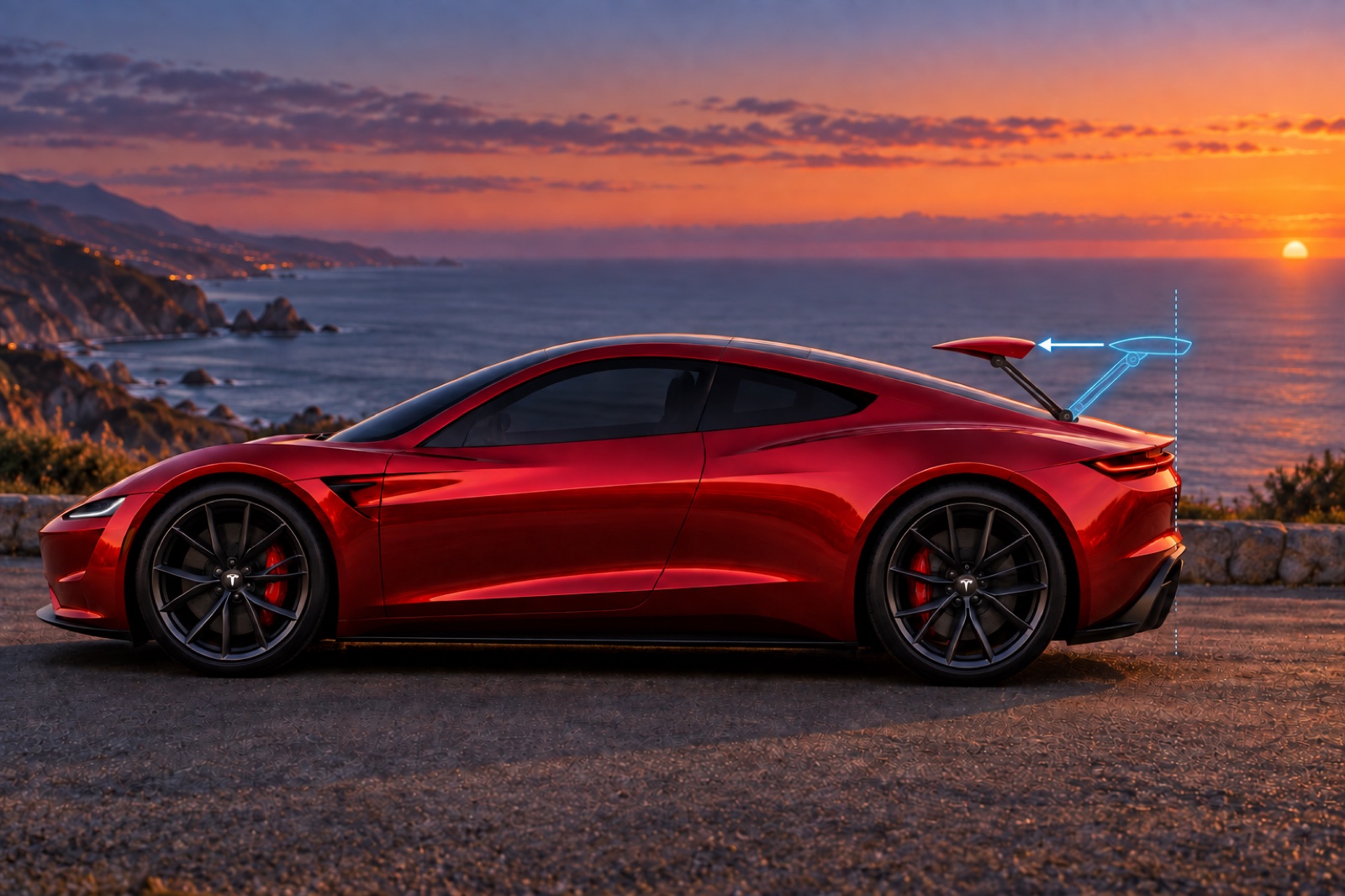 Tesla: The Roadster’s rear wing moves forward until its trailing edge clears the body.