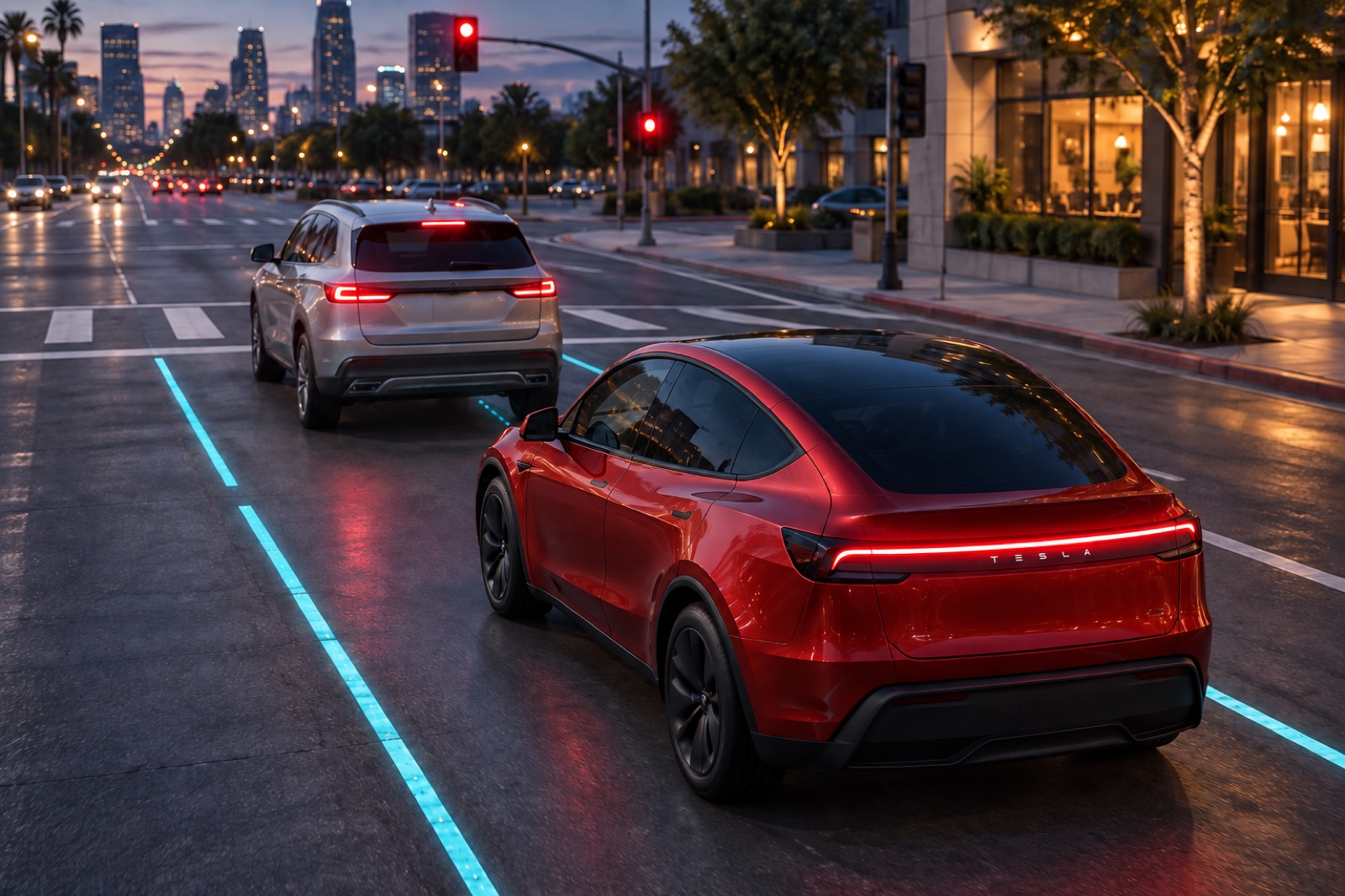 Tesla: Remembered lane boundaries remain available as a Model Y waits behind traffic.