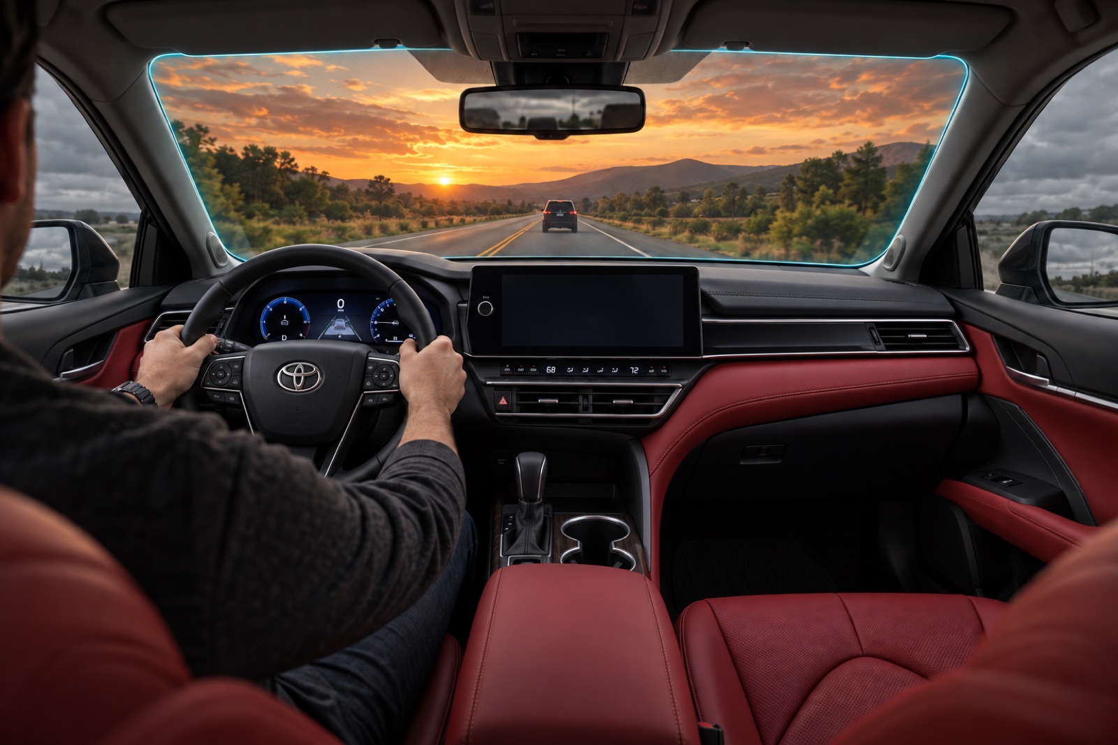 Toyota: A sunset replaces gray skies in the Camry’s displayed view of the road.