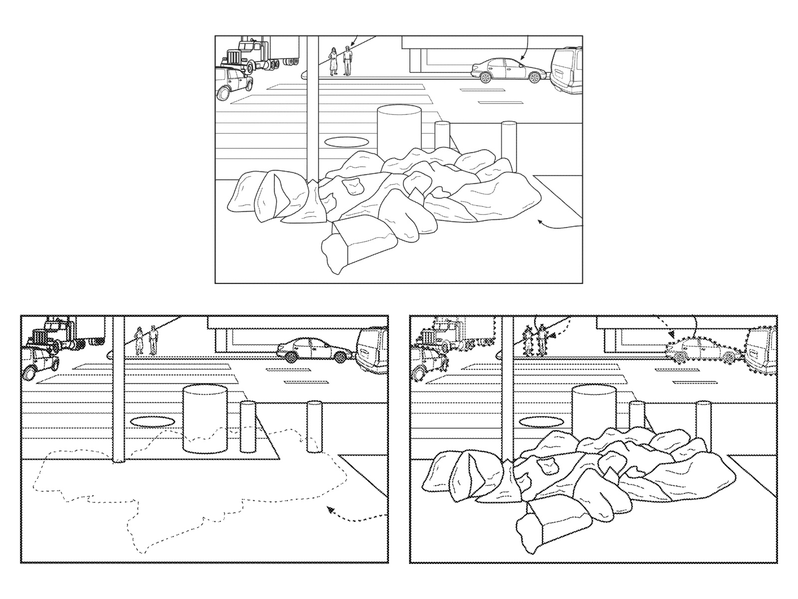 Toyota’s own sketches show sidewalk trash removal and separate highlighting of vehicles and pedestrians.