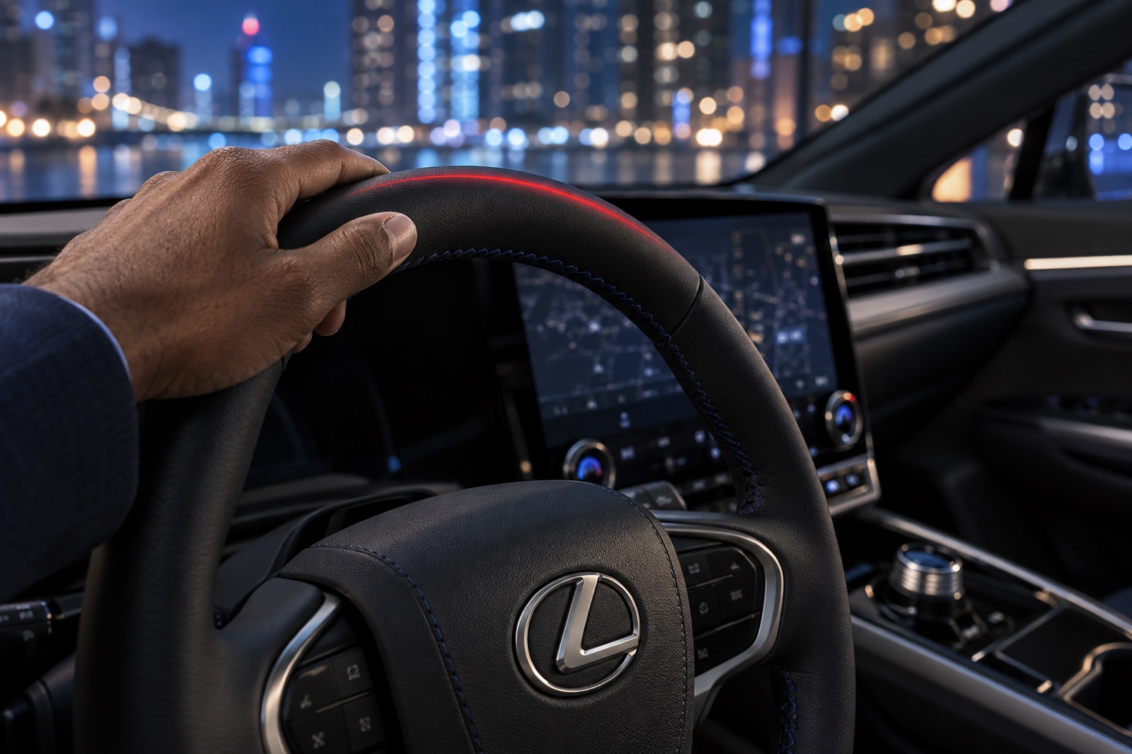 Continuous leather covers the illuminated upper rim where the driver’s hand meets the wheel.