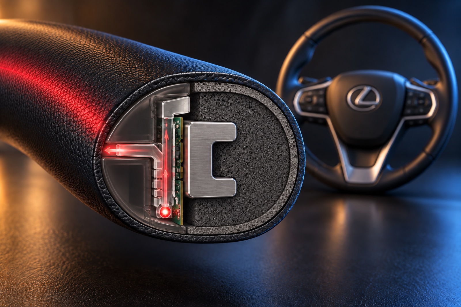 An LED feeds a shaped light guide beneath the smooth lens and leather covering.