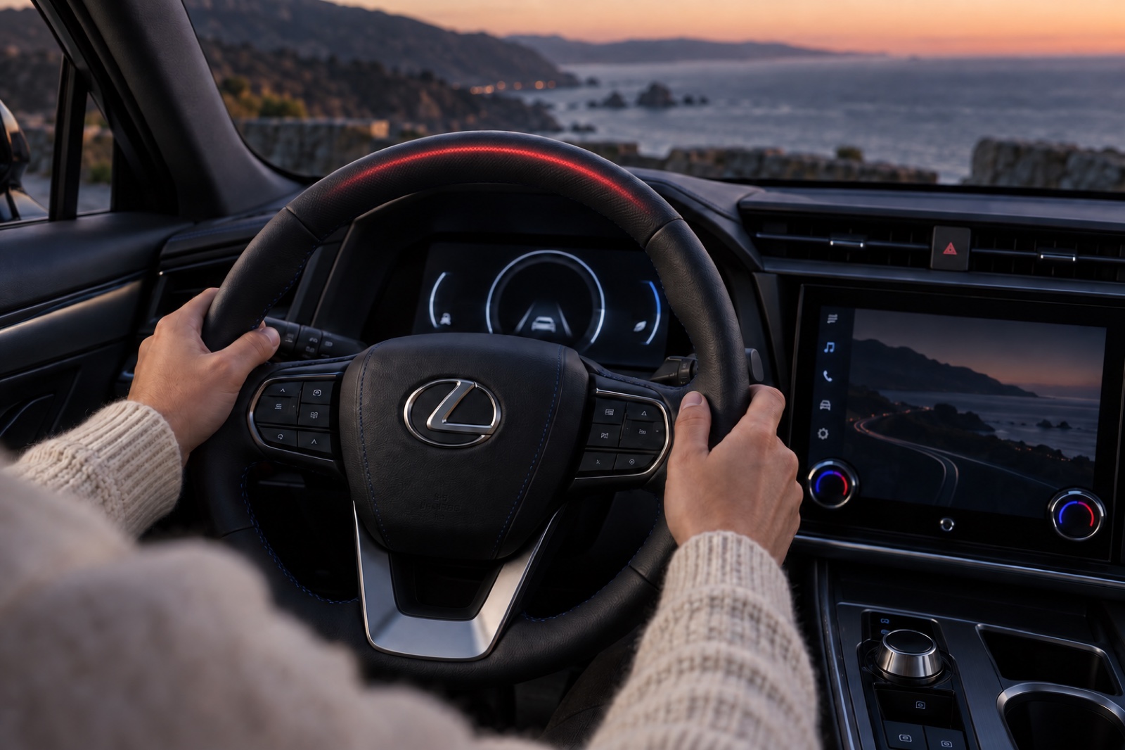 Toyota Gosei: A red warning arc shines through the leather across the Lexus steering wheel’s upper rim.