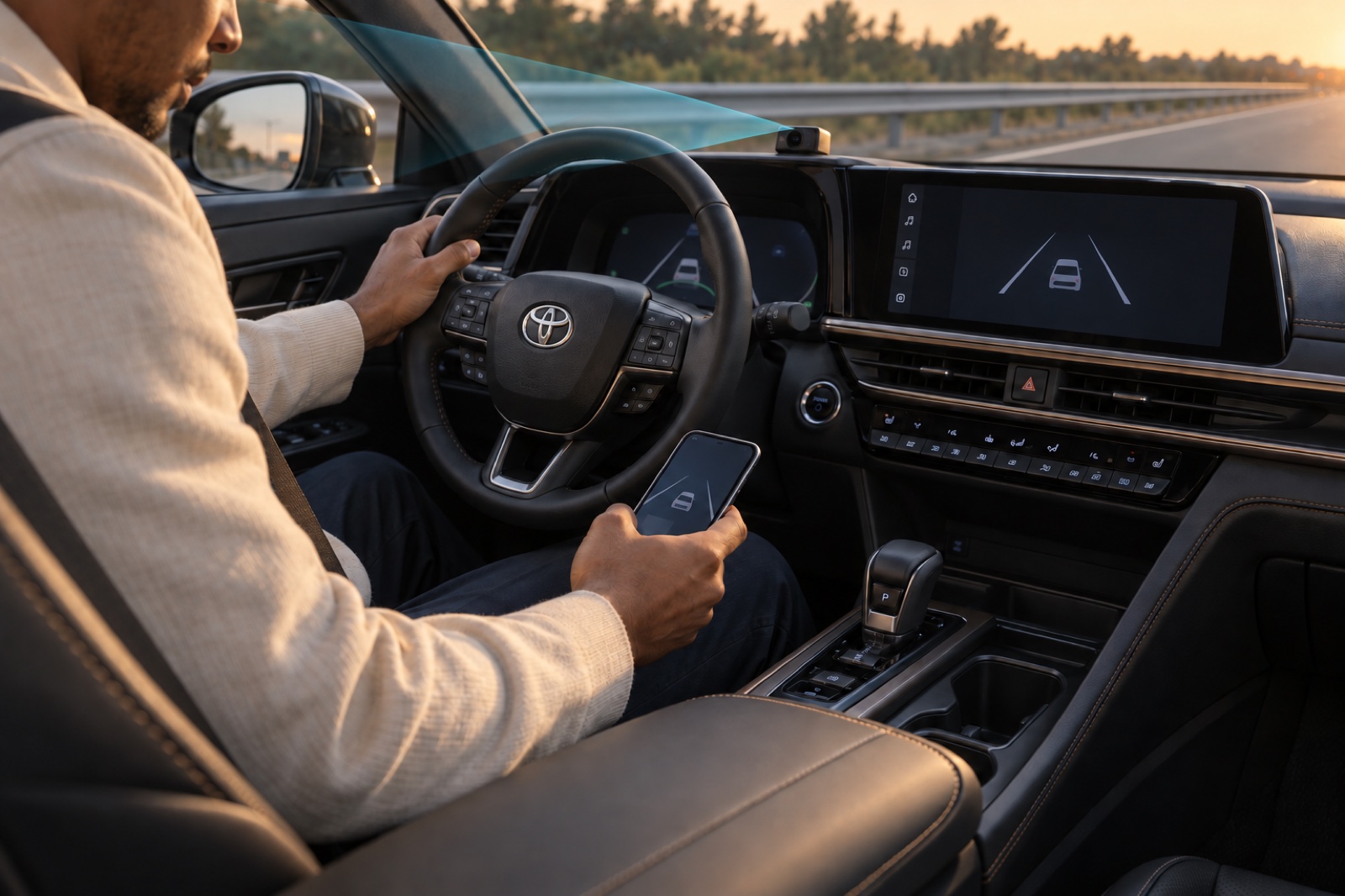 The dashboard camera watches a driver glancing down at a phone held above his lap.