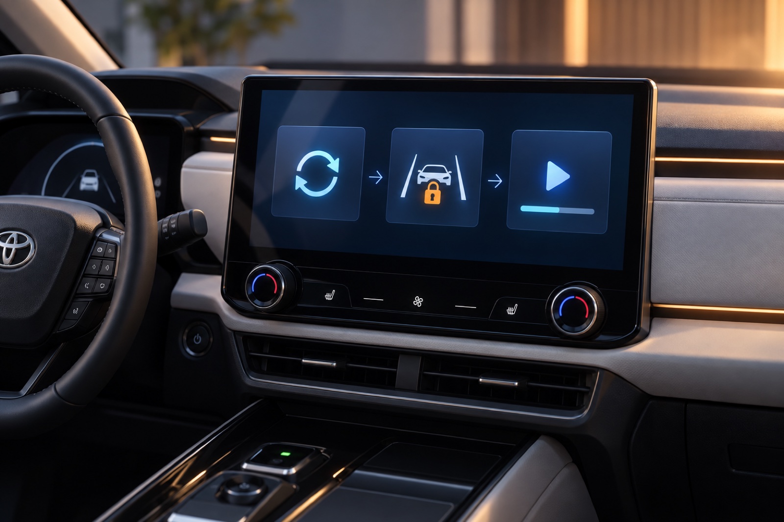 An update prompts a locked assistance feature and a refresher lesson on the center display.